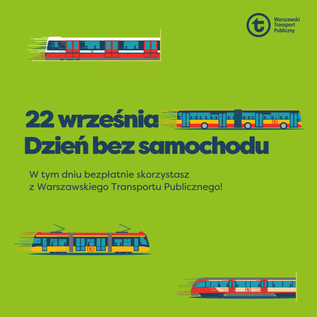 Grafika promująca Dzień bez samochodu z datą 22 września oraz informacją o bezpłatnym korzystaniu z transportu publicznego.
