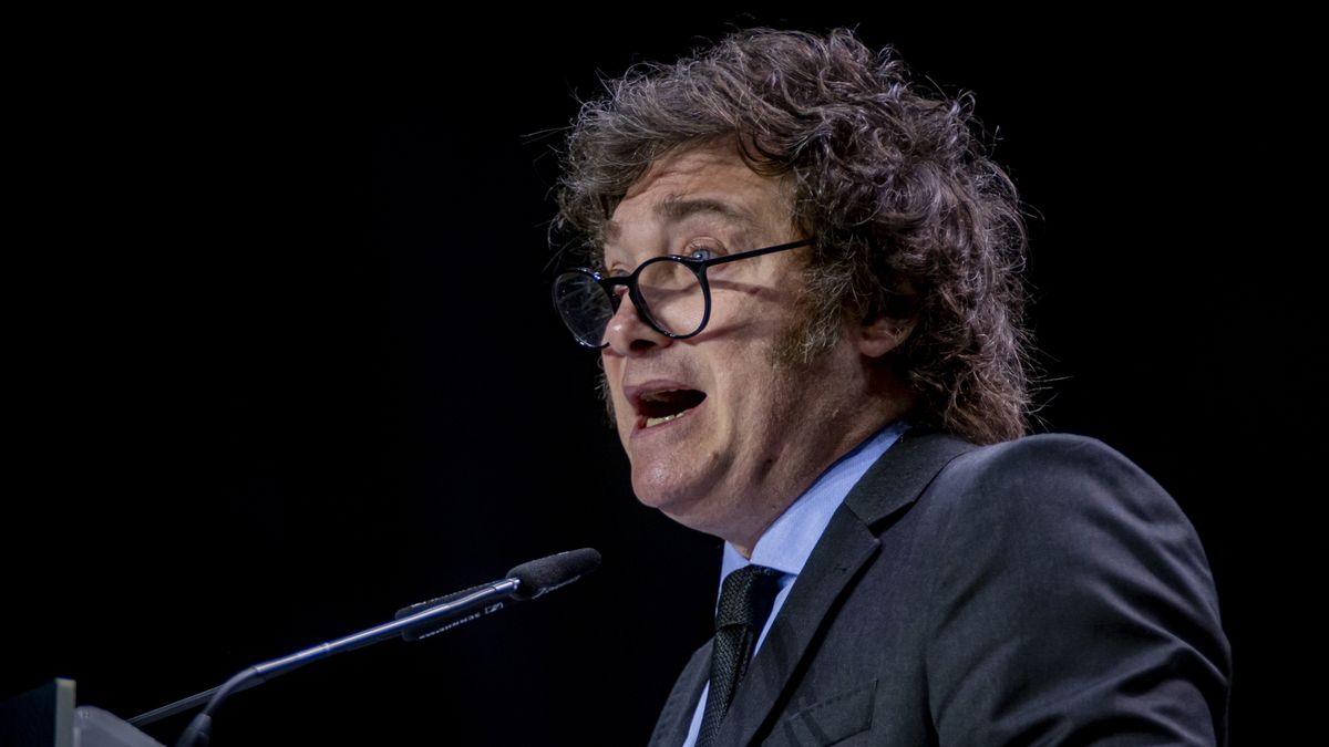 MADRID, SPAIN - 2024/05/19: Javier Milei, president of Argentina and leader of the Argentinian right-wing political party La Libertad Avanza, speaks during the political convention Europa Viva 24 organized by the far-right Spanish party VOX at Palacio de Vistalegre. (Photo by Alberto Gardin/SOPA Images/LightRocket via Getty Images)