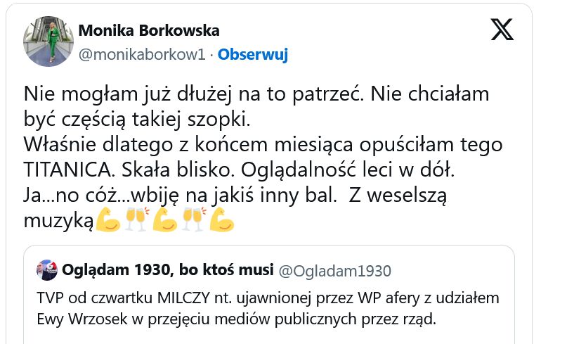 Kolejna twarz TVP Info odchodzi. Monika Borkowska: "Opuściłam tego Titanica"