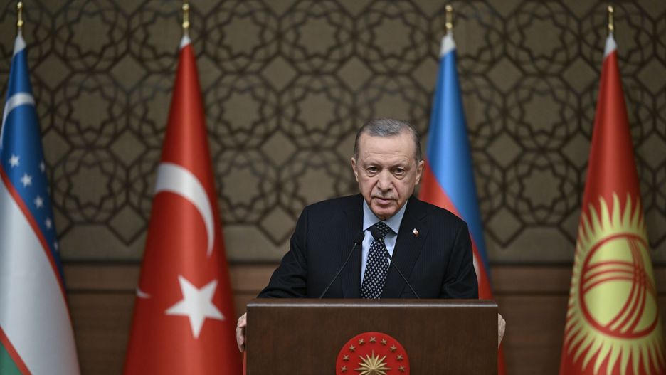 ANKARA, TURKIYE - MARCH 16: Turkish President Recep Tayyip Erdogan speaks to press after Turkic States Extraordinary Summit in Ankara, Turkiye on March 16, 2023. (Photo by Emin Sansar/Anadolu Agency via Getty Images)