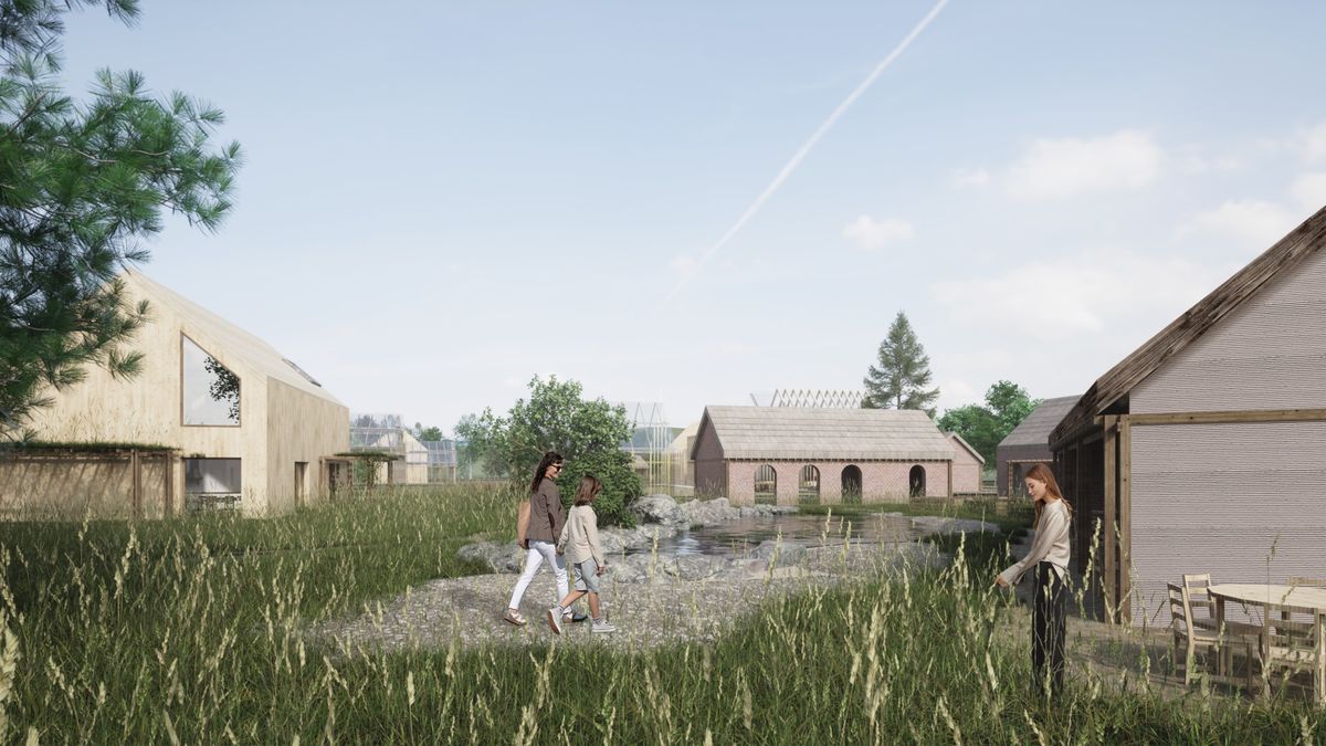 Widok na budynki wielorodzinne, koncepcja osiedla mieszkaniowego 2075