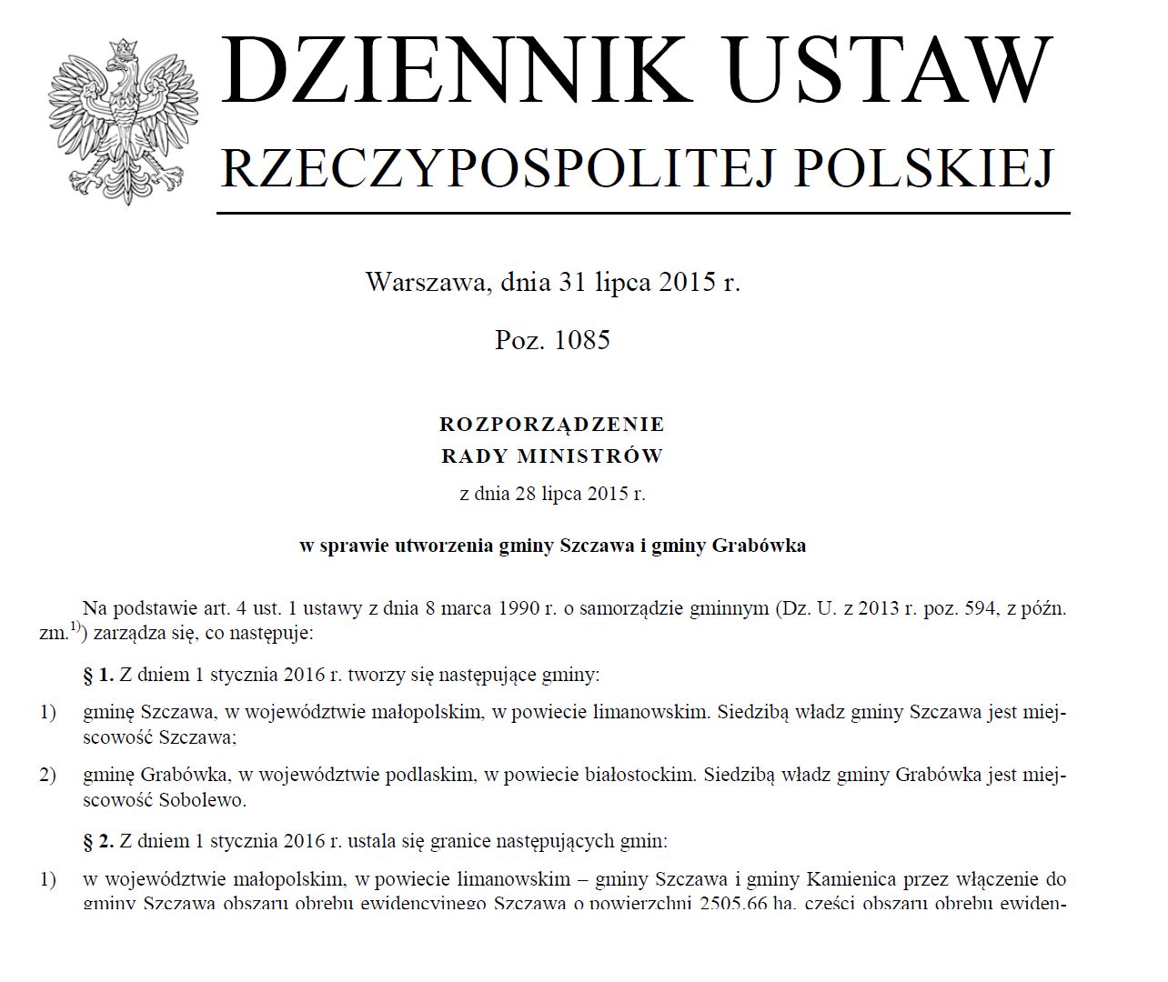 Fragment rozporządzenia z lipca 2015, na mocy którego miała powstać gmina Garbówka