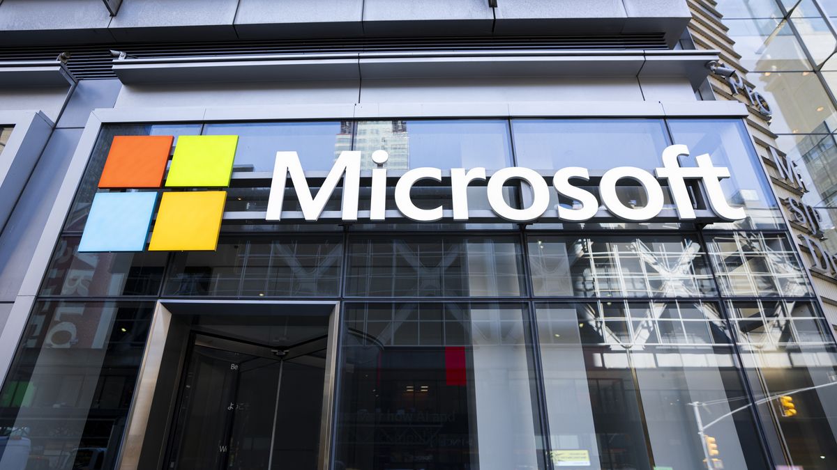 NEW YORK, NEW YORK - JULY 19: A view of the Microsoft corporate logo in front of the Microsoft Office building on 41st street and 8th avenue on July 19, 2024 in New York City. (Photo by Craig T Fruchtman/Getty Images)