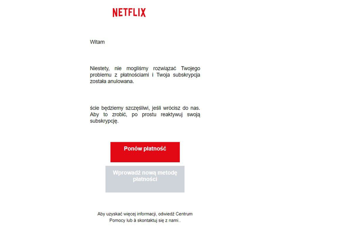 Fałszywa wiadomość "od Netfliksa" w skrzynce e-mail