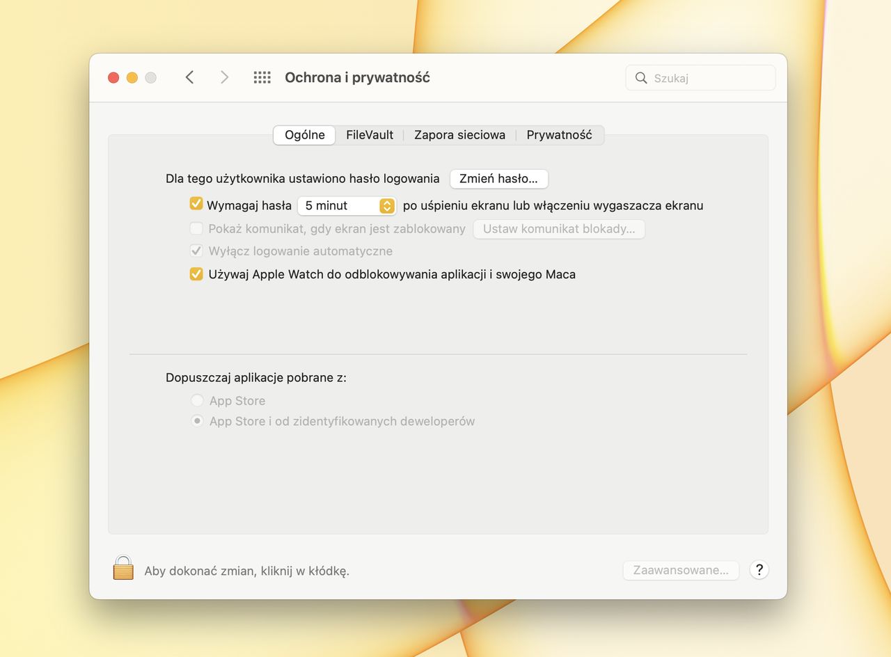 Opcja "Używaj Apple Watch do odblokowywania aplikacji i swojego Maca" w Preferencjach