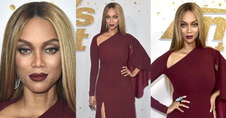 Złowieszcza twarz Tyry Banks na ściance w Hollywood