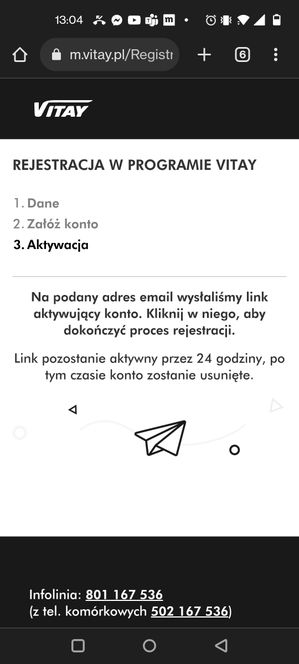 Vitay: informacja o wysłanym mailu