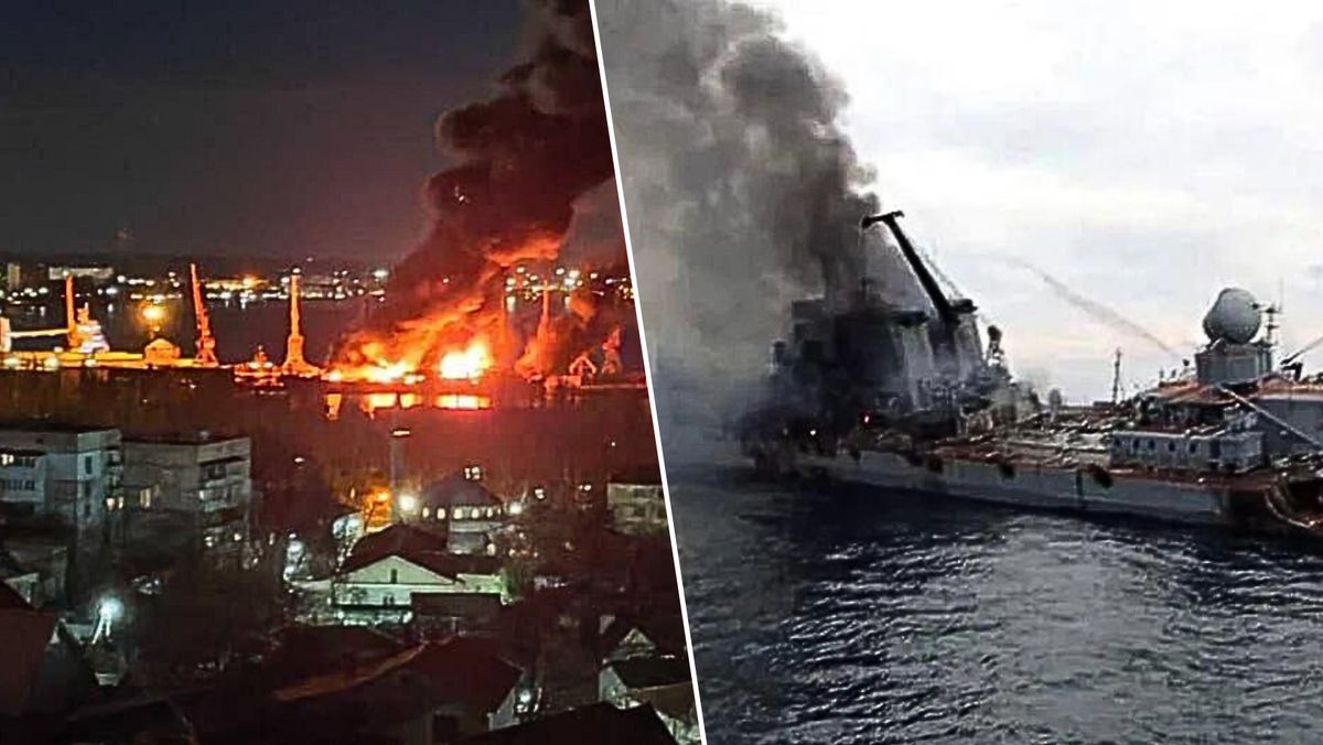 Po lewej: atak na okręty w Teodozji na okupowanym Krymie. Po prawej: zatopiony krążownik Moskwa 