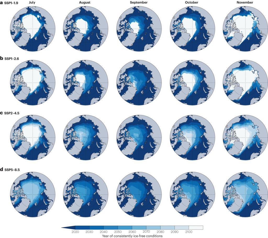 Mapy ilustrujące rok, w którym Arktyka będzie wolna od lodu w miesiącach od lipca do listopada według scenariuszy polityki klimatycznej. Białe obszary, to regiony, które zachowają pokrywę lodową do 2100 roku. 