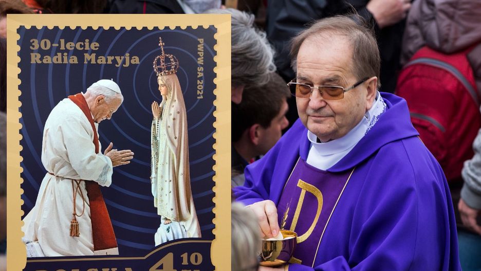 O. Tadeusz Rydzyk i znaczek upamiętniający 30-lecie Radia Maryja (Poczta Polska/Getty Images/Adama Guz)