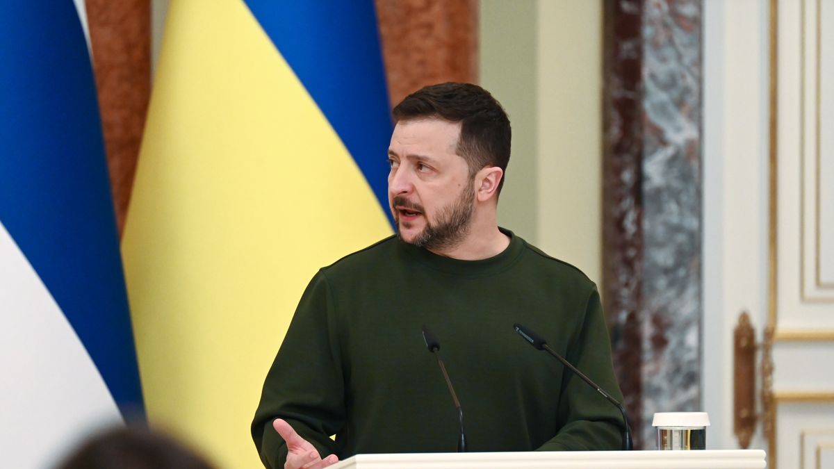 President of Ukraine Volodymyr Zelensky is speaking during a media briefing with President of Finland Alexander Stubb in Kyiv, Ukraine, on April 3, 2024, amid Russia's invasion of Ukraine. Ukrainian President Volodymyr Zelensky and Finnish President Alexander Stubb are signing a security agreement between the two countries. Finland is allocating the 23rd aid package to Ukraine, worth EUR188 million, which includes air defense systems and large-caliber ammunition. The President is noting that Finland has provided a total of EUR2 billion in military aid and EUR700,000 in humanitarian aid, which means that it allocates EUR900 million a year, as the Ukrinform news agency reported. (Photo by STR/NurPhoto via Getty Images)