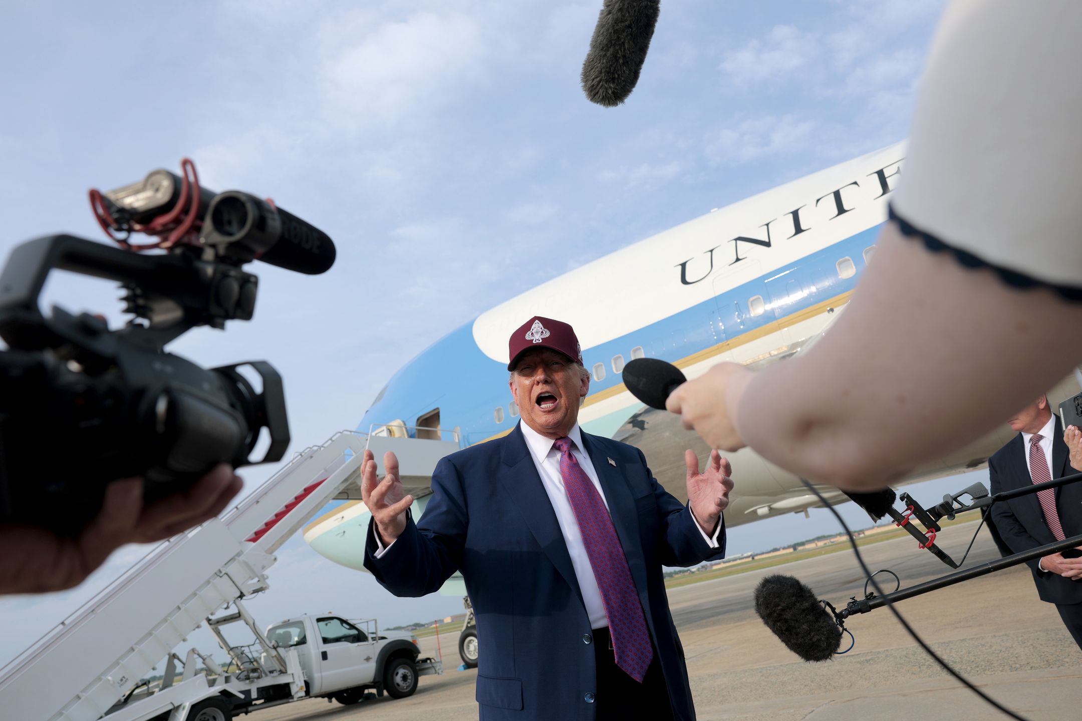 JOINT BASE ANDREWS, MARYLAND - JUNE 10: U.S. President Donald Trump speaks to reporters after walking off Air Force One on June 10, 2025 at Joint Base Andrews, Maryland. Trump spent the afternoon visiting Fort Bragg Military Base in North Carolina to mark the U.S. Army’s 250th anniversary. (Photo by Anna Moneymaker/Getty Images)