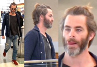 Brodaty Chris Pine na lotnisku w Los Angeles. Poznajecie? (FOTO)