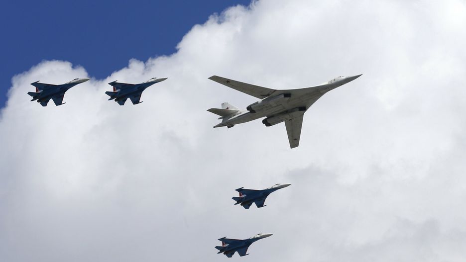 Temporary
Russia's Air Force strategic bomber Tu-160, centre, and Sukhoi Su-35S fighter jets fly over Red Square during a dress rehearsal for the Victory Day military parade in Moscow, Russia, Friday, May 7, 2021. The parade will take place at Moscow's Red Square on May 9 to celebrate 76 years of the victory in WWII. (AP Photo/Alexander Zemlianichenko)
AP