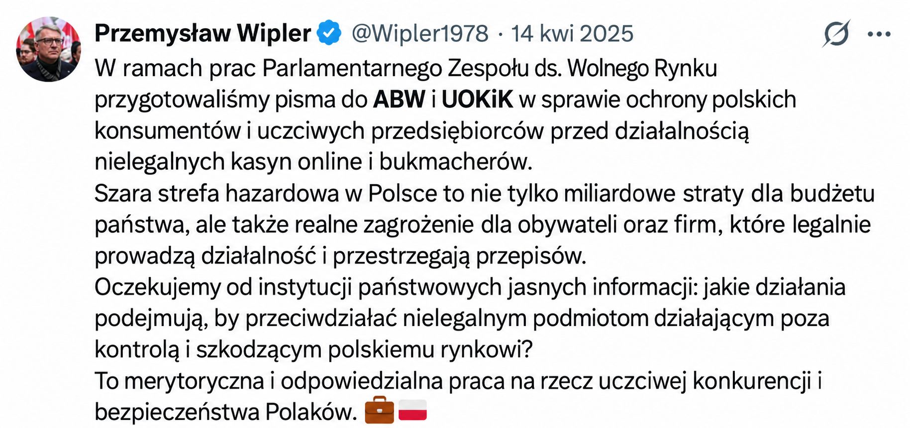 Wipler pisał do UOKiK w sprawie branży hazardowej