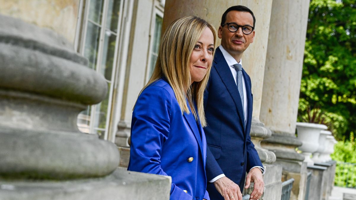 Italian PM Giorgia Meloni visits PolandWARSAW, POLAND - JULY 05: Poland's Prime Minister, Mateusz Morawiecki welcomes Italian Prime Minister Giorgia Meloni on July 05, 2023 in Warsaw, Poland. (Photo by Omar Marques/Anadolu Agency via Getty Images)Anadolueu, italian prime minister giorgia meloni, right wing