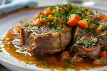Miękkie i delikatne mięso podaję w aromatycznym sosie. Rozpływa się w ustach i jest pełne kolagenu