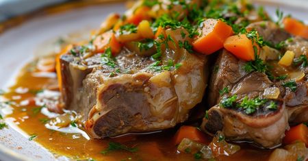 Miękkie i delikatne mięso podaję w aromatycznym sosie. Rozpływa się w ustach i jest pełne kolagenu
