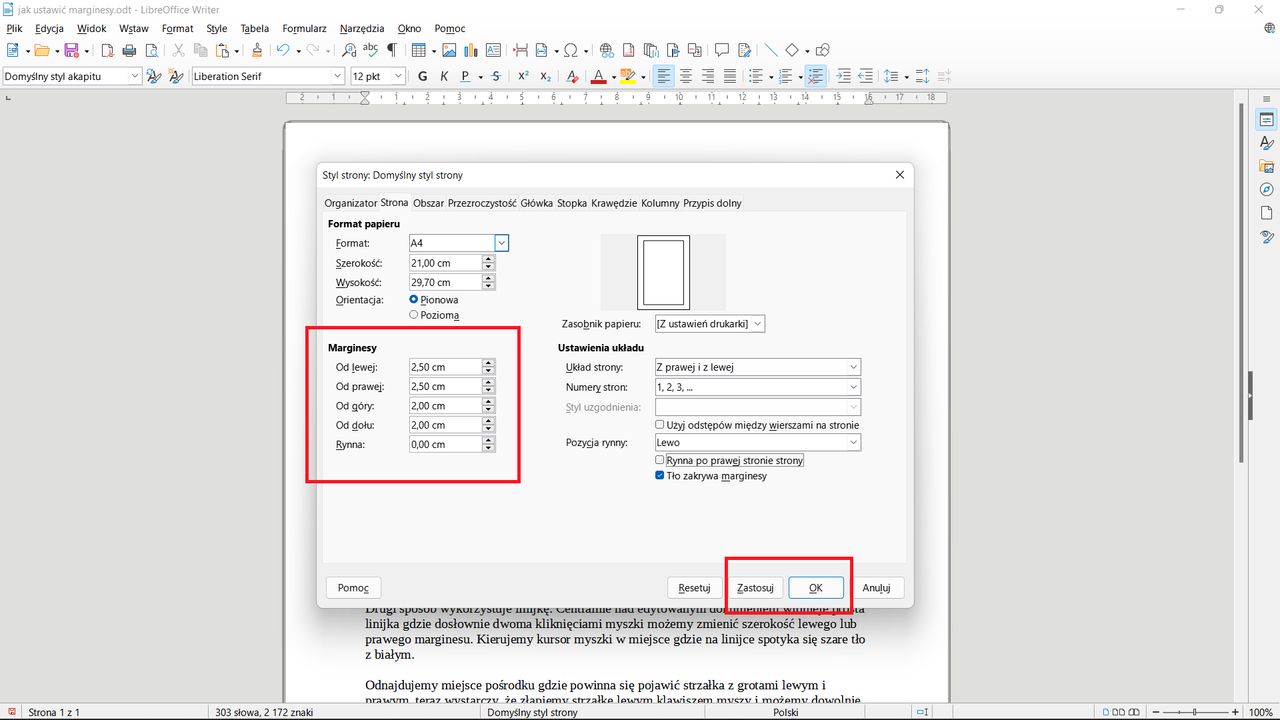 LibreOffice Writer: sekcja MARGINESY