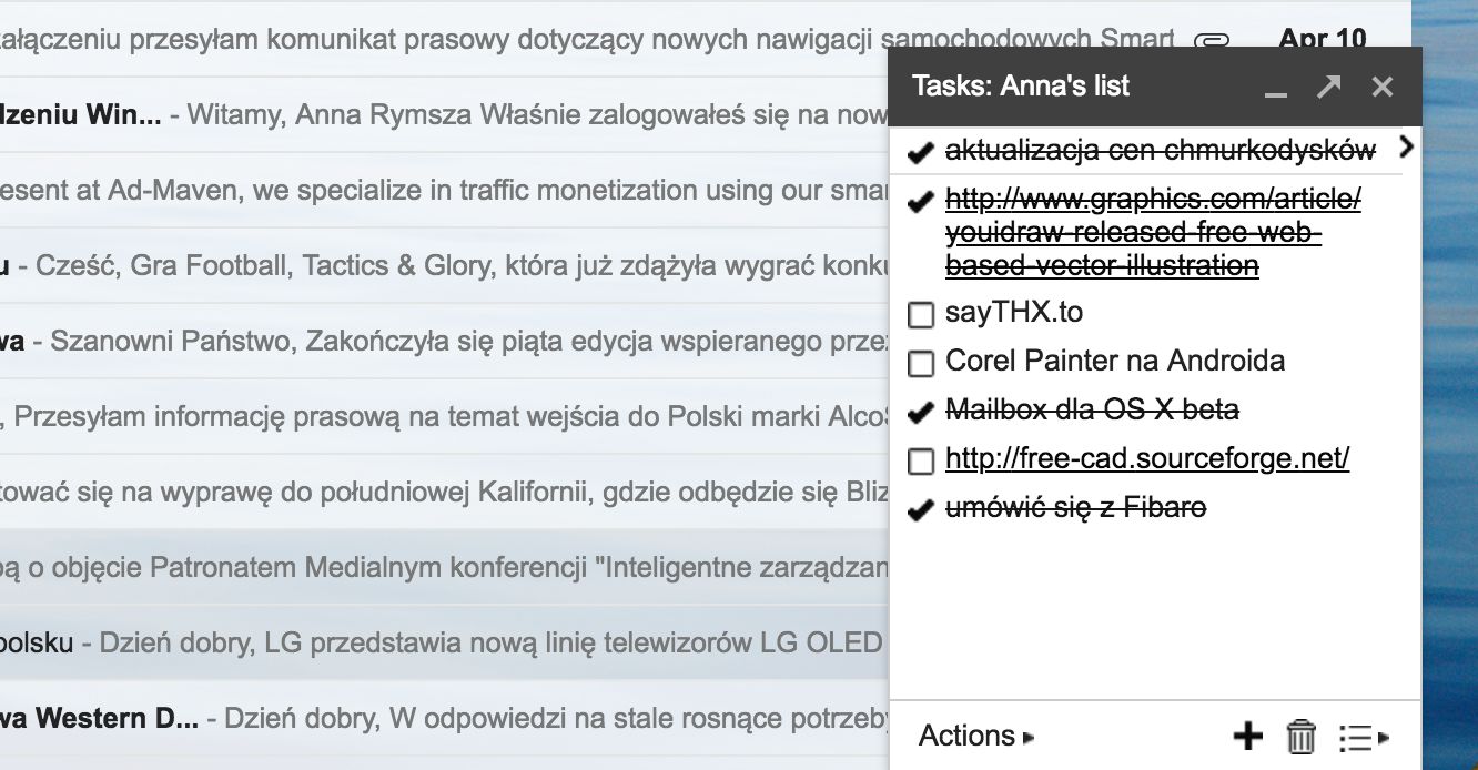 Obecna lista zadań w Gmailu