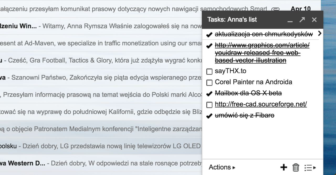 Obecna lista zadań w Gmailu