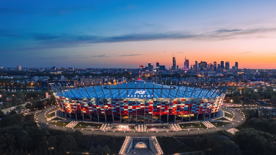 warsaw, stadium, pge narodowy, stadion narodowy, national, skyline, cityscape, panorama, football, narodowy, poland, sunset, aerial, architecture, arena, attraction, city, competition, national stadium, entertainment, euro 2012, europe, facade, game, landmark, landscape, league, match, modern, retractable roof, sky, soccer, sport, stadion, summer, sunny, team, travel, urban, view, evening, dusk
