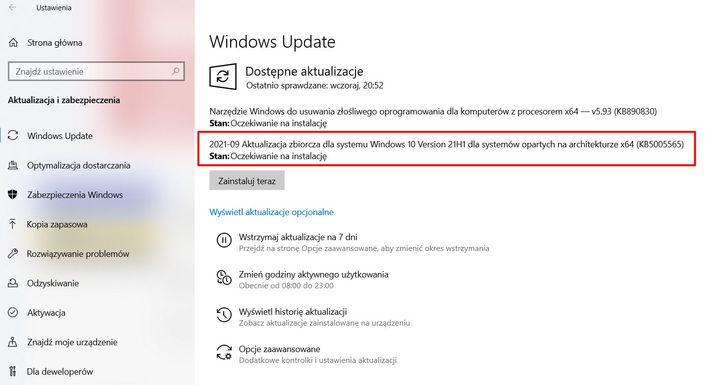 Aktualizacja KB5005565 w Windows Update