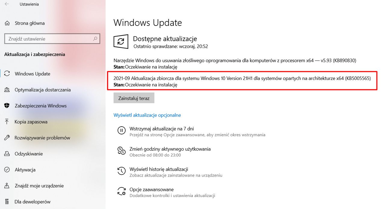 Aktualizacja KB5005565 w Windows Update