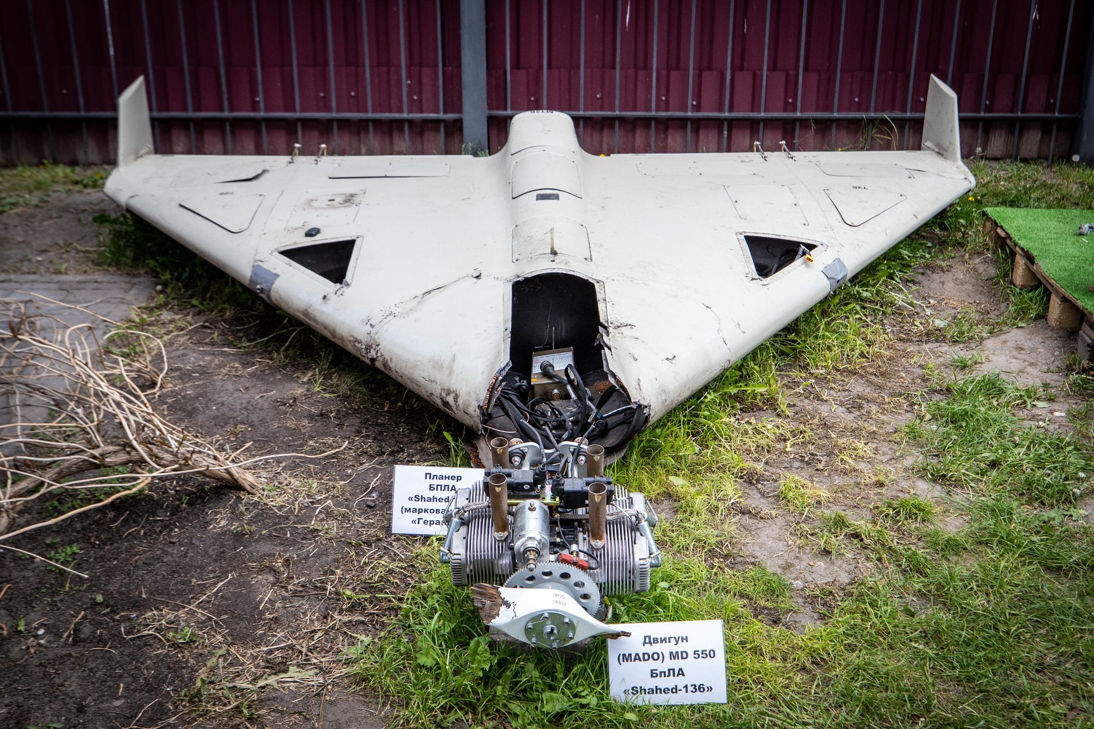 KYIV, UKRAINE – MAY 12: Remain of Shahed 136 at an exhibition showing remains of missiles and drones that Russia used to attack Kyiv on May 12, 2023 in Kyiv,  Ukraine. Fragments of various types of weapons are currently being studied at the Kyiv Scientific Research Institute of Forensic Expertise. The institute submits the results to the International Criminal Court. Separate groups of foreign specialists work here together with Ukrainian experts. (Photo by Oleksii Samsonov /Global Images Ukraine via Getty Images)