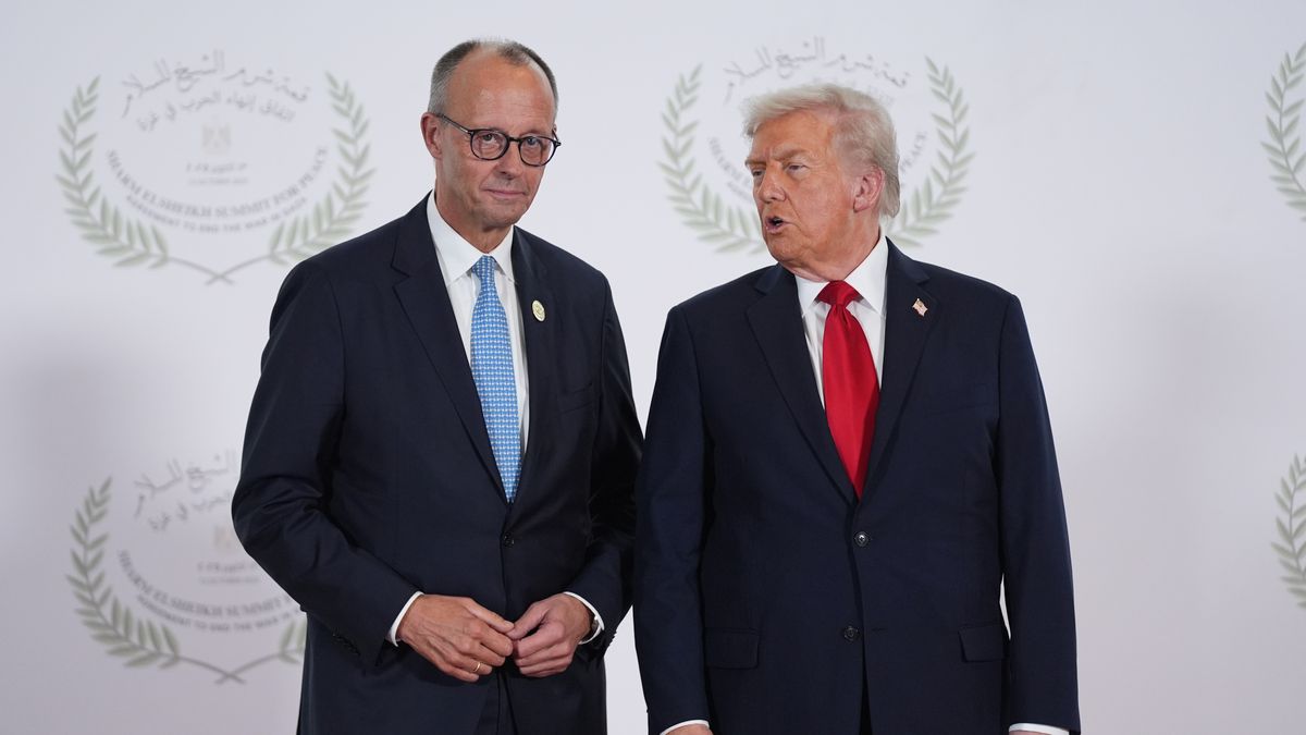 SHARM EL SHEIKH, EGYPT - OCTOBER 13: U.S. President Donald Trump (R) greets Germany's Chancellor Friedrich Merz during a summit of European and Middle Eastern leaders on October 13, 2025 in Sharm El Sheikh, Egypt. President Trump is in Egypt to meet with European and Middle Eastern leaders in what’s being billed as an international peace summit, following the start of a US-brokered ceasefire deal to end the war in the Gaza Strip. (Photo by Evan Vucci - Pool/Getty Images)