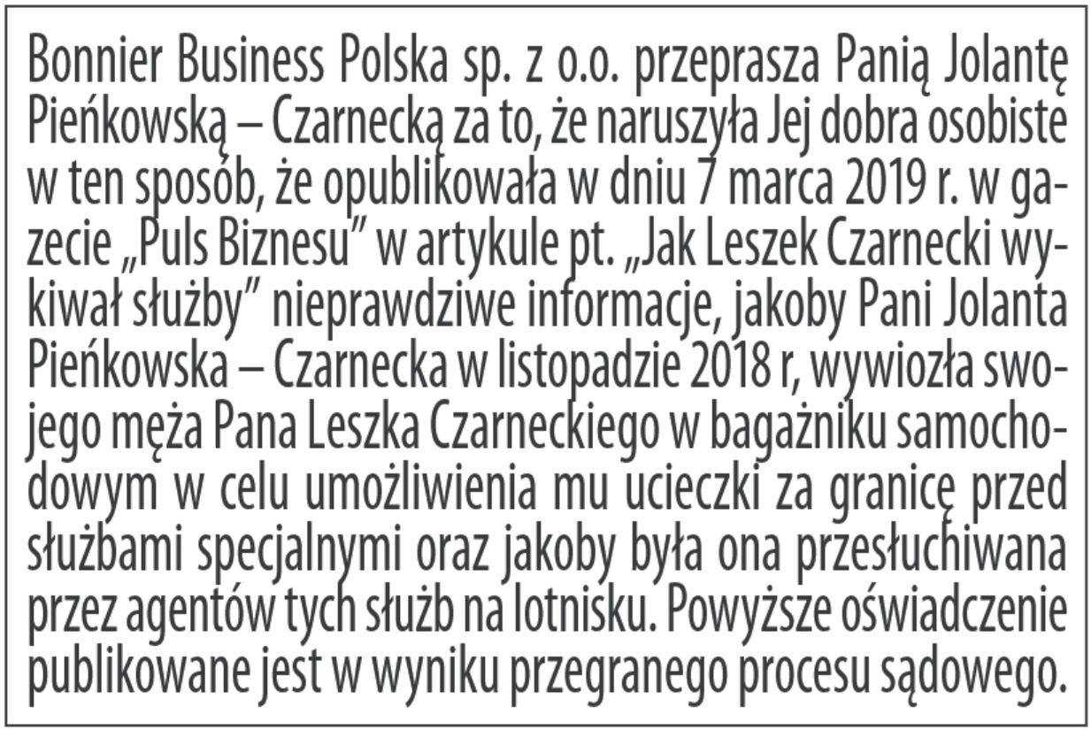 Przeprosiny wydawcy "Pulsu Biznesu" dla Jolanty Pieńkowskiej