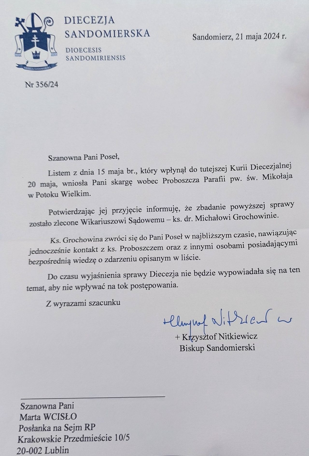 Pismo biskupa sandomierskiego do posłanki Marty Wcisło