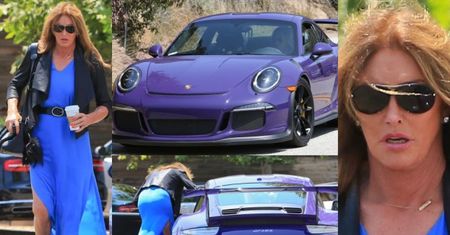 Caitlyn Jenner wysiada z porsche w niebieskiej sukience... (ZDJĘCIA)