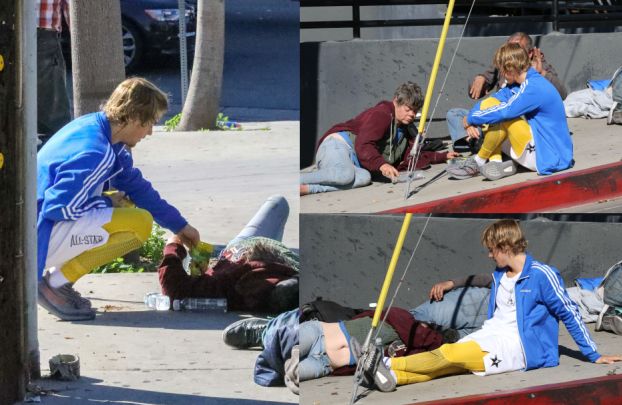 Uduchowiony Bieber położył się obok bezdomnych i częstował ich żelkami (ZDJĘCIA)