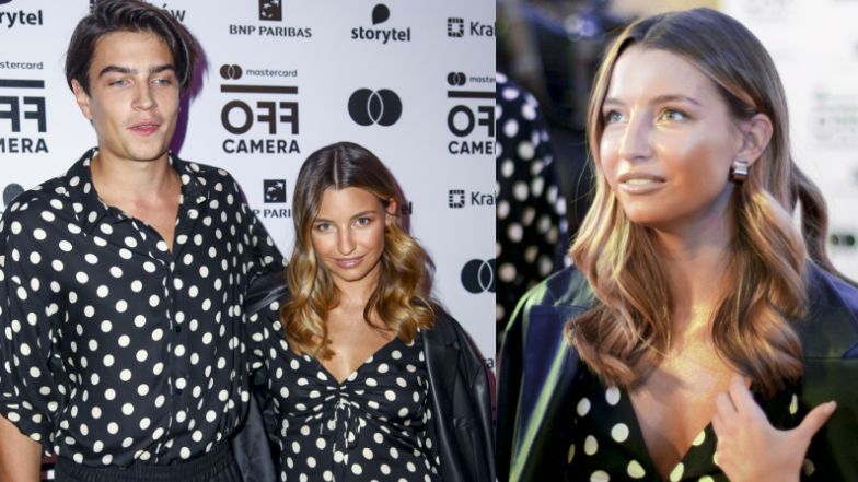 Julia Wieniawa i Nikodem Rozbicki w pasujących stylizacjach na ściance