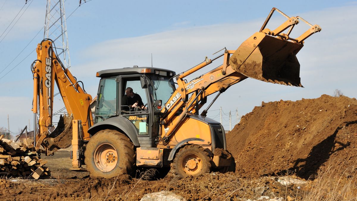 budowa, praca, koparka, wiosenne, wykop, ziemia, maszyna, budowlana, dom, surowy, pryzma