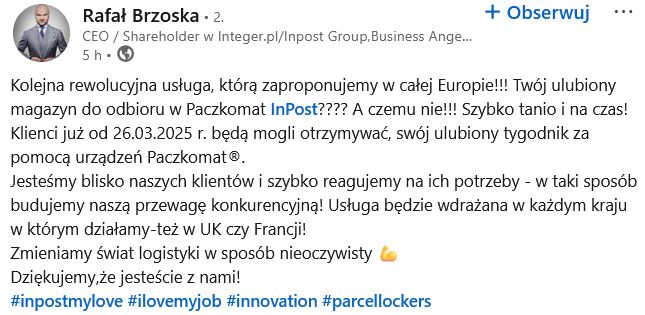 Szef InPostu ogłasza nową usługę w Paczkomatach