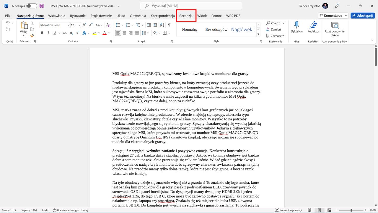 Microsoft Word: menu Recenzja