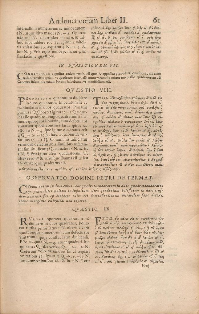 "Arithmetica" Diofantosa, wydanie z roku 1670 uwzględniające wielkie twierdzenie Fermata