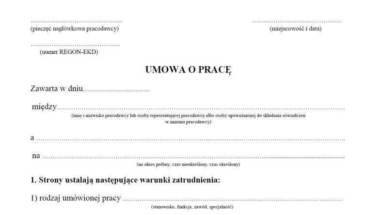 Wzór umowy o pracę do pobrania