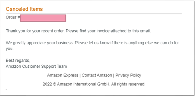Przykładowy mail phishingowy podszywający się pod Amazona.