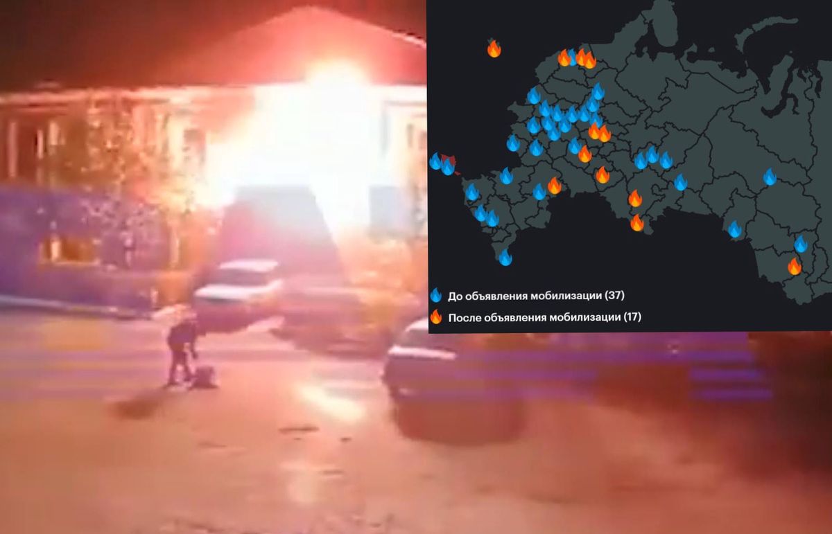 Rosjanie buntują się przed mobilizacją. Podpalenie wojskowego urzędu werbunkowego w mieście Uriupinsk w zachodniej Rosji oraz mapa innych podpaleń
