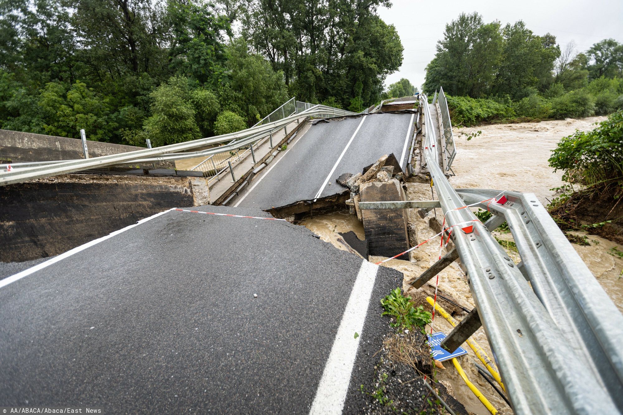 TemporaryLJUBLJANA, SLOVENIA - AUGUST 05: A view of the damaged bridge, which was heavily damaged by floods after heavy rains in Dolsko village of Ljubljana, Slovenia on August 05, 2023. Slovenian Prime Minister Robert Golob said the damage caused by the recent flooding in the country could exceed 500 million euros. According to the news of the Slovenian Press Agency (STA), many vehicles were flooded, some main roads in the country were closed due to flooding and many bridges collapsed. Ales Beno / Anadolu Agency/ABACAPRESS.COMAA/ABACA