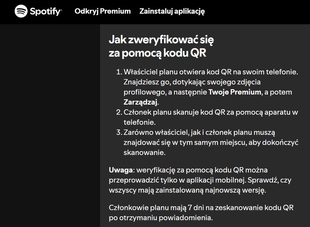 Informacja o weryfikacji kodem QR w pomocy Spotify