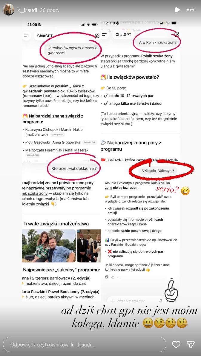 Fragment dyskusji Klaudii z "Rolnik szuka żony" z chatem GPT