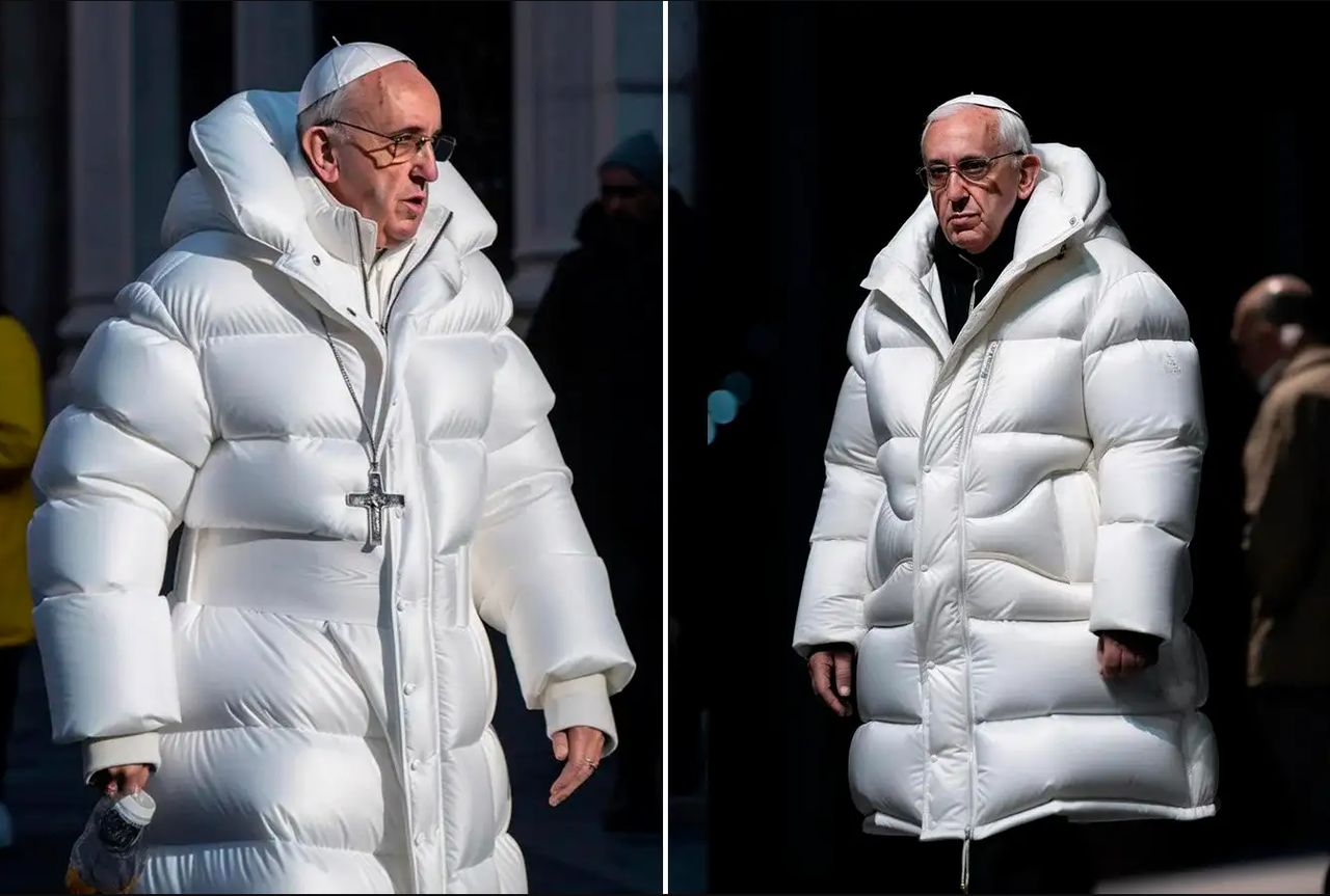 Wygenerowane przez Midjourney fałszywe obrazy przedstawiają Papieża Franciszka w puchowej kurtce.