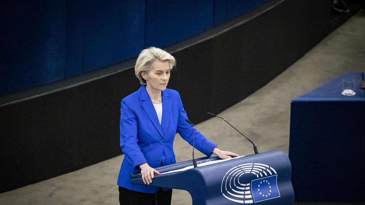 STRASBOURG, FRANCE - OCTOBER 18 The President of the European Commission, Ursula von der Leyen, speaks during the plenary session at the European Parliament in Strasbourg, France on October 18, 2023. (Photo by Sathiri Kelpa/Anadolu via Getty Images)
