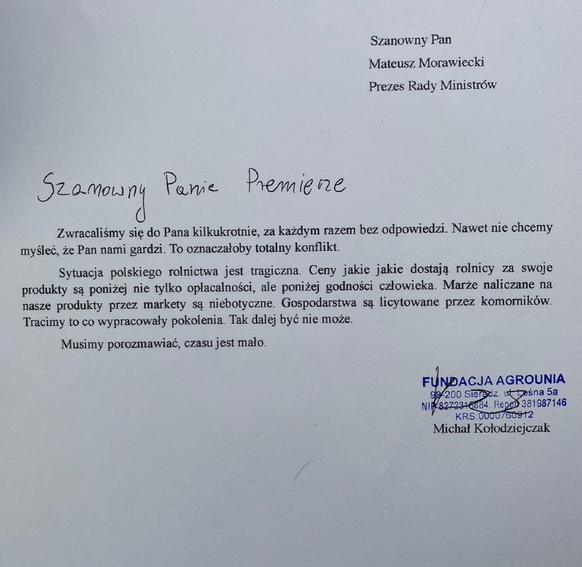 List AgroUnii do premiera 