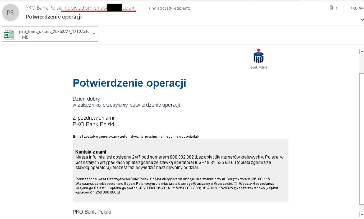 Przykład fałszywej wiadomości