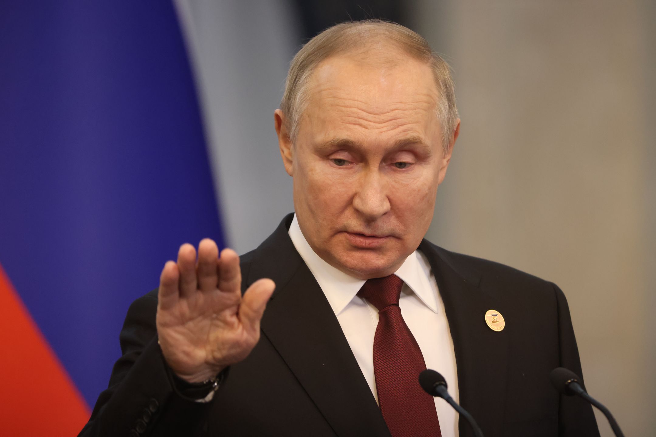 BISHKEK, KYRGYZSTAN - DECEMBER 9: (RUSSIA OUT) Russian President Vladimir Putin gestures during his press conference at the Eurasian Economic Summit on November 9, 2022 in Bishkek, Kyrgyzstan. Leaders of Russia, Belarus, Kazakhstan and Armenia gathered in Kyrgyz capital, hosting the Eurasian Economic Union (EAEU) Summit. (Photo by Contributor/Getty Images)